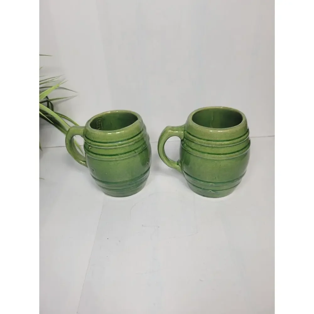 2 Vintage McCoy Pottery Green Barrel Mugs Beer Tankard No 16 Stoneware Set 1920s